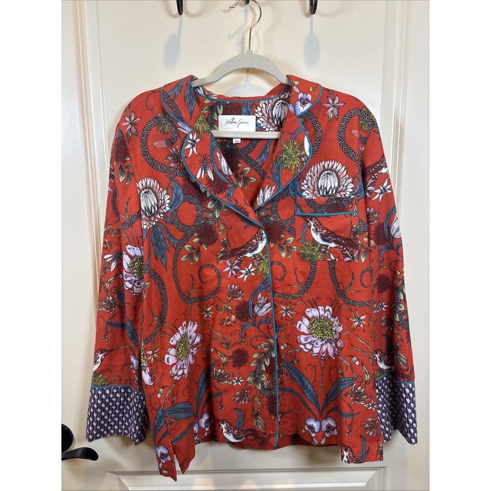 Victoria Garcia for Anthropologie Red Floral & Bird Print Pajama Top Size Medium